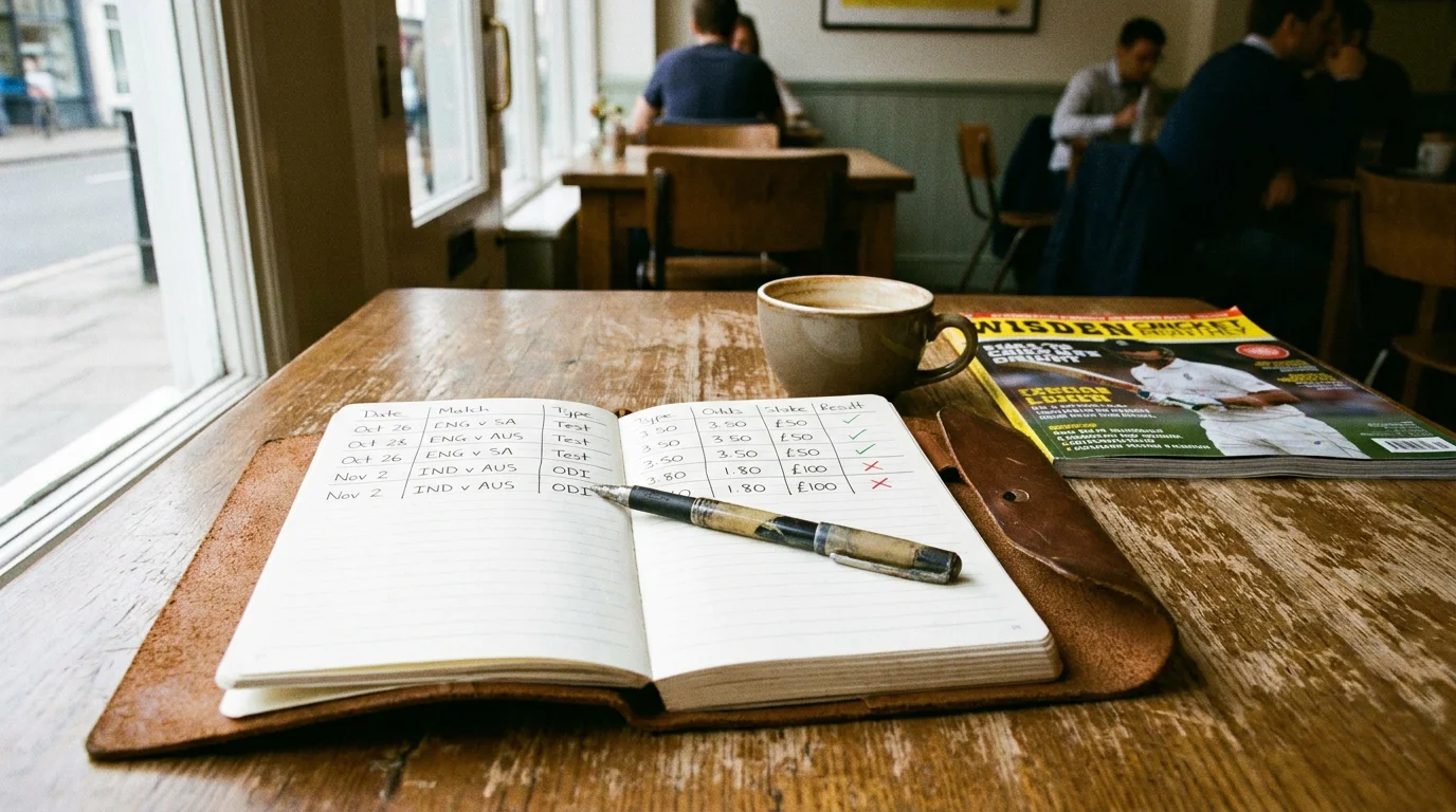 Betting record notebook with cricket micro bet selections and stake amounts logged