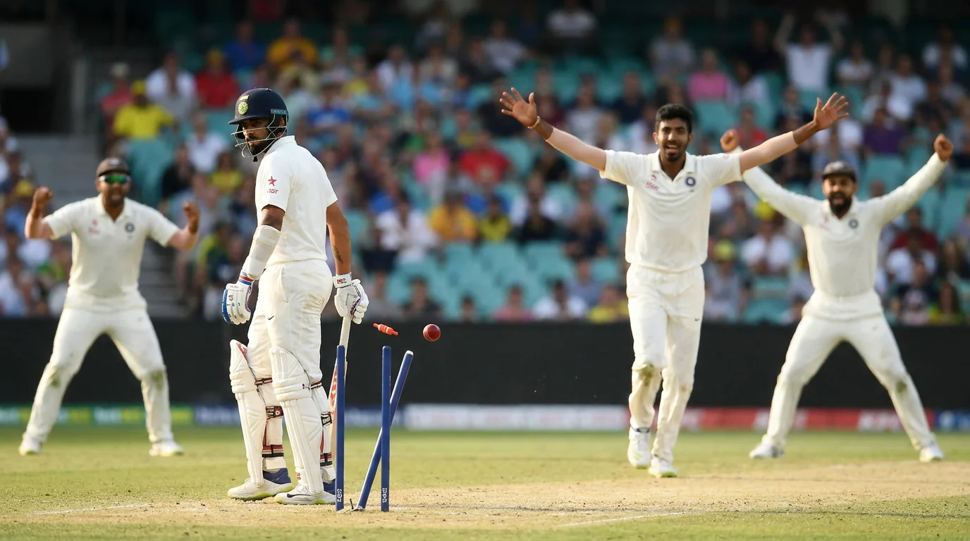 Cricket batsman losing his wicket as the fielding team celebrates a key breakthrough
