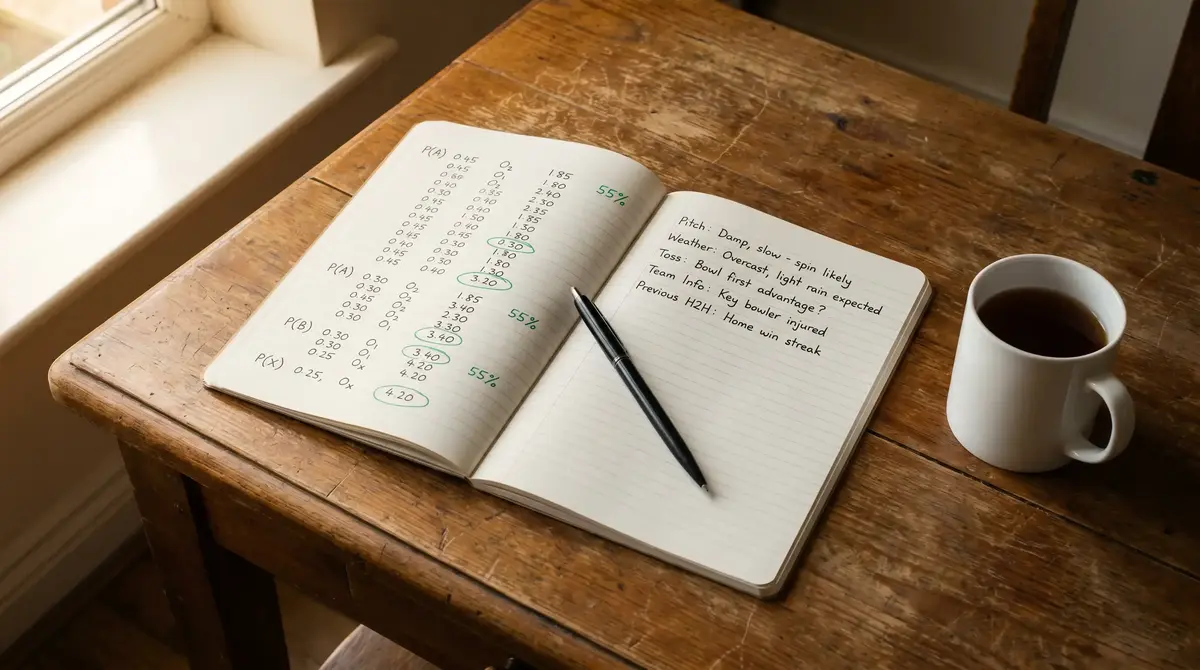 Handwritten notes in a notebook showing probability calculations and match analysis for a cricket wager