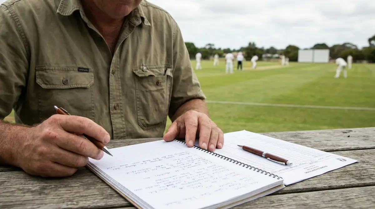 Cricket analyst reviewing match statistics and form guides on a notebook at a cricket ground