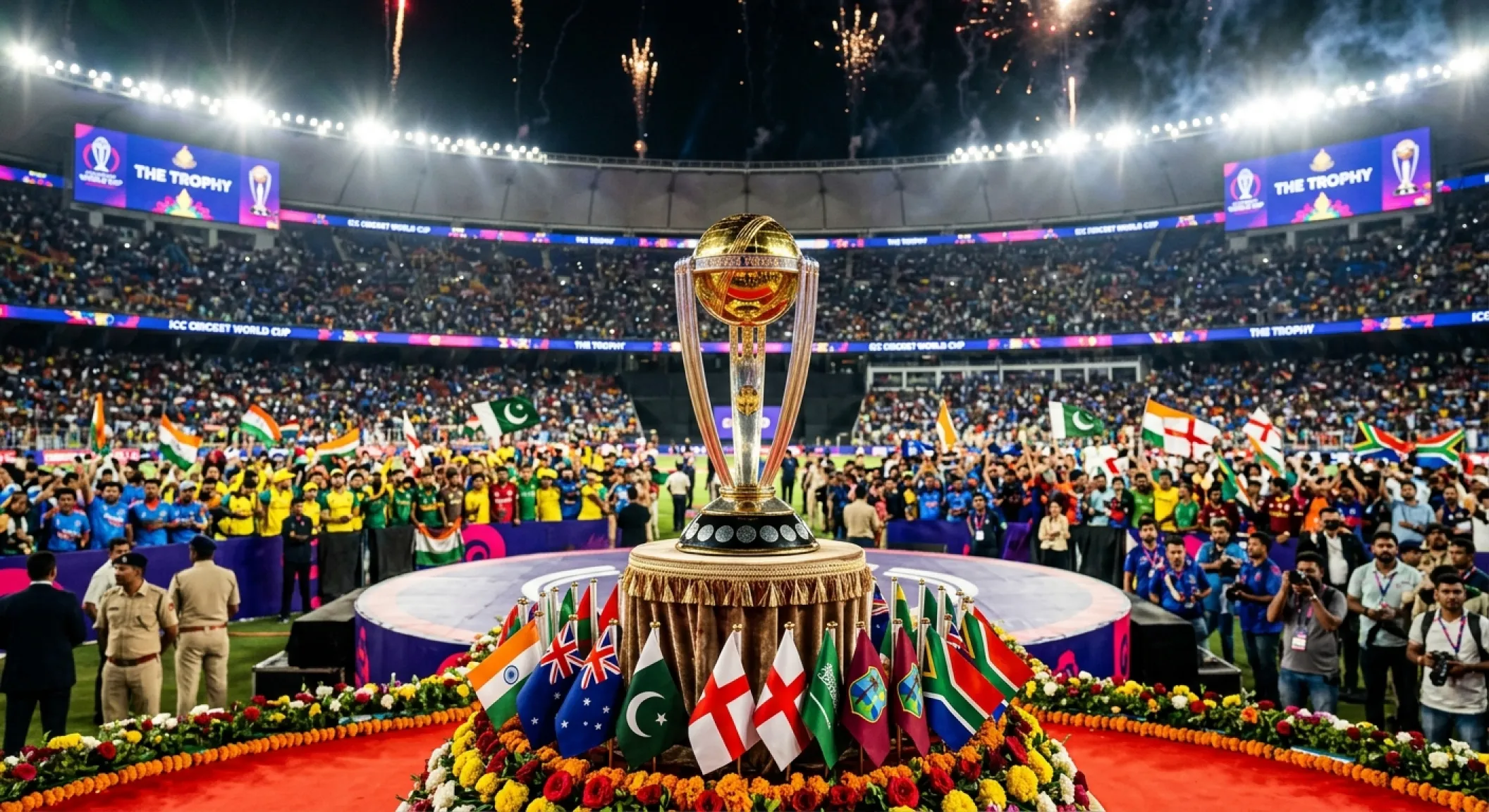 ICC Cricket World Cup trophy displayed at a packed stadium with colourful flags