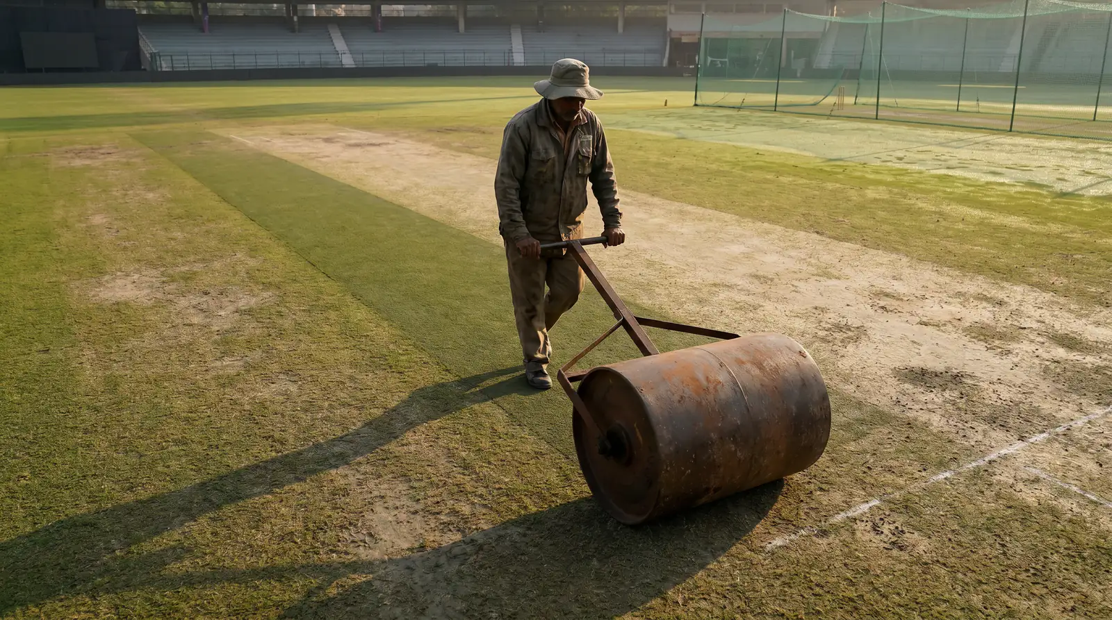 Cricket ground curator using a heavy roller to prepare the pitch surface before an international match