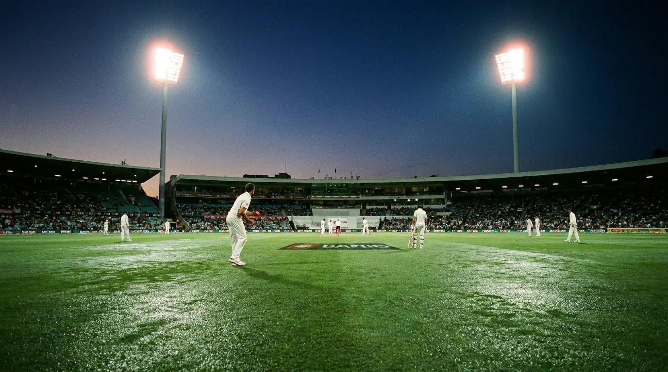 Day-night cricket match with visible dew on the outfield under floodlights