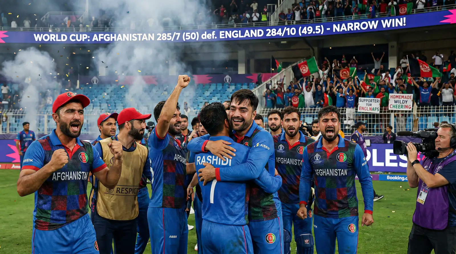 Underdog cricket team celebrating a surprise World Cup group-stage victory on the field