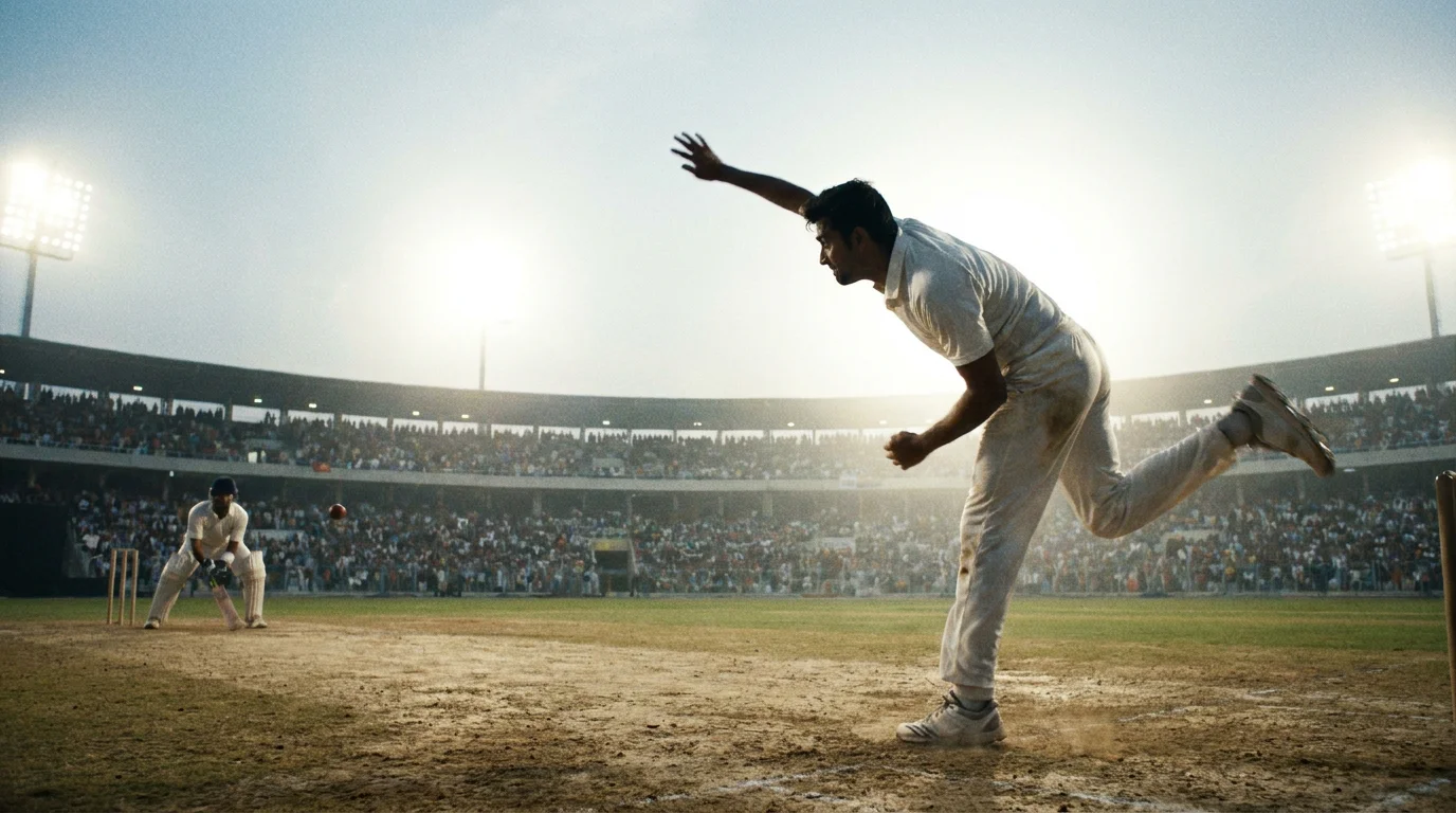 Fast bowler executing a yorker delivery during the T20 death overs under stadium floodlights