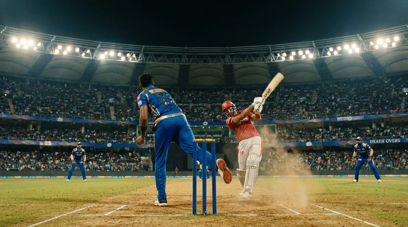 Bowler delivering a yorker during the death overs of a T20 match with batsmen attempting to slog