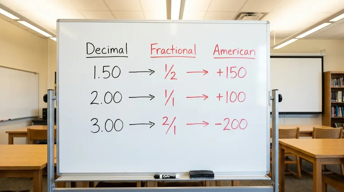 Betting board displaying the same cricket match price in decimal, fractional, and American odds formats