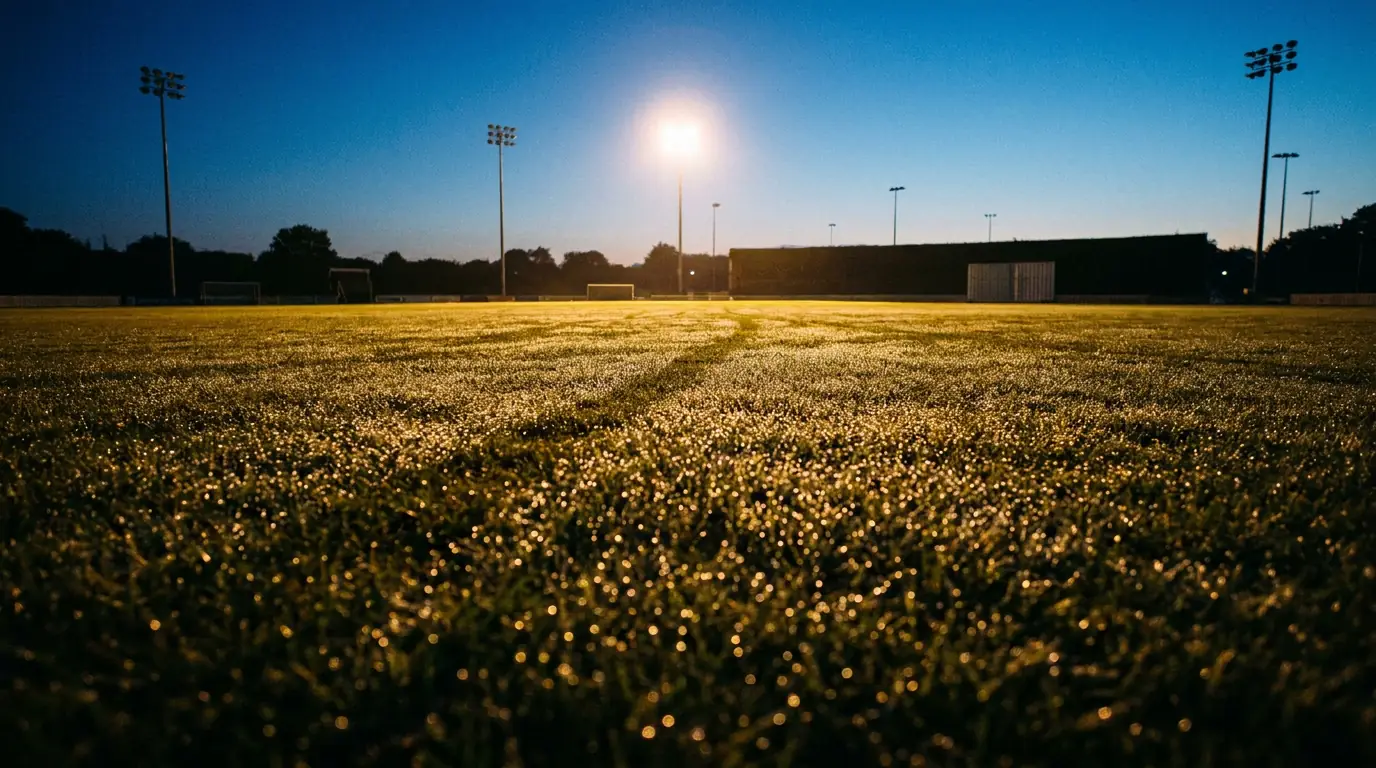Cricket outfield glistening with dew during an evening session of a day-night limited-overs match