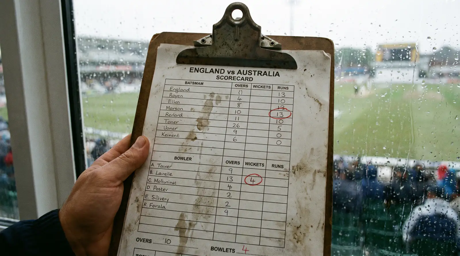 Cricket scorecard showing wickets in hand and overs remaining used in DLS resource calculations