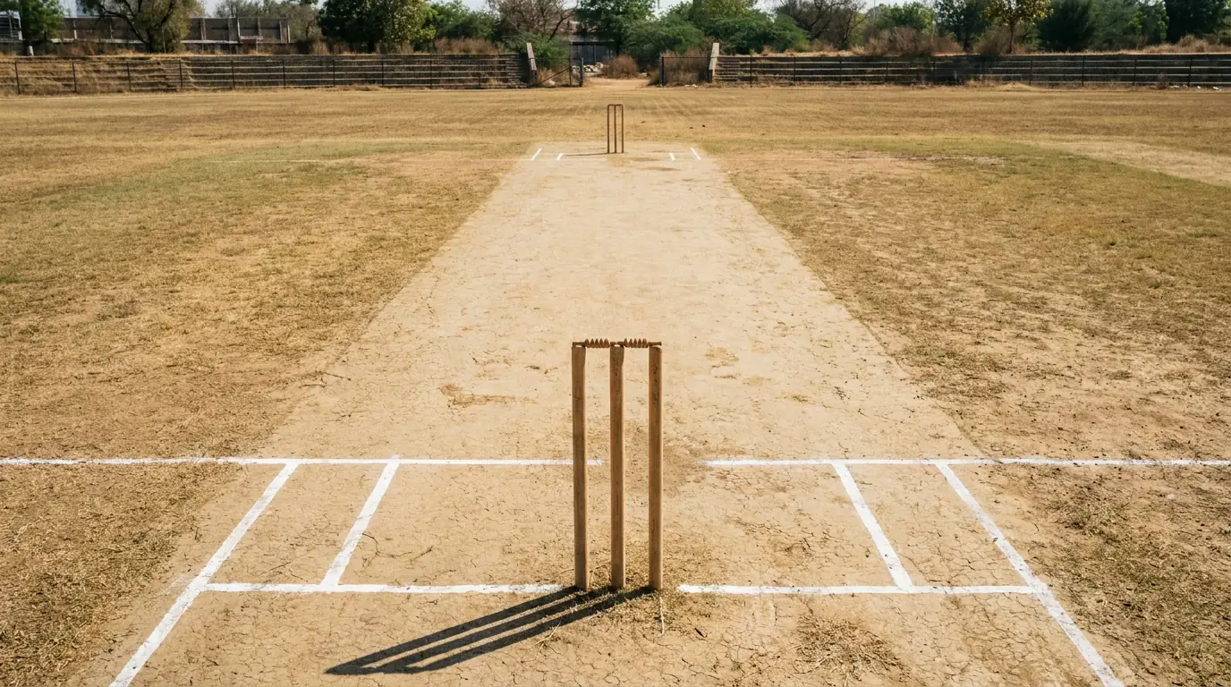 Flat dry cricket pitch with minimal grass offering even bounce for batsmen on a sunny day