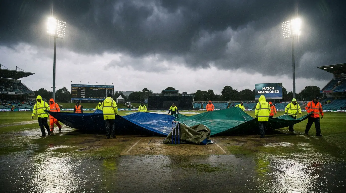 Rain covers being pulled across a cricket pitch with dark clouds overhead during an ODI match