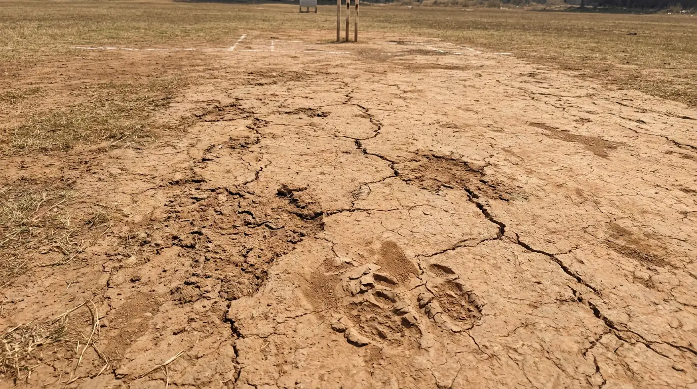 Dusty subcontinental cricket pitch with visible cracks and rough patches exploited by spin bowlers