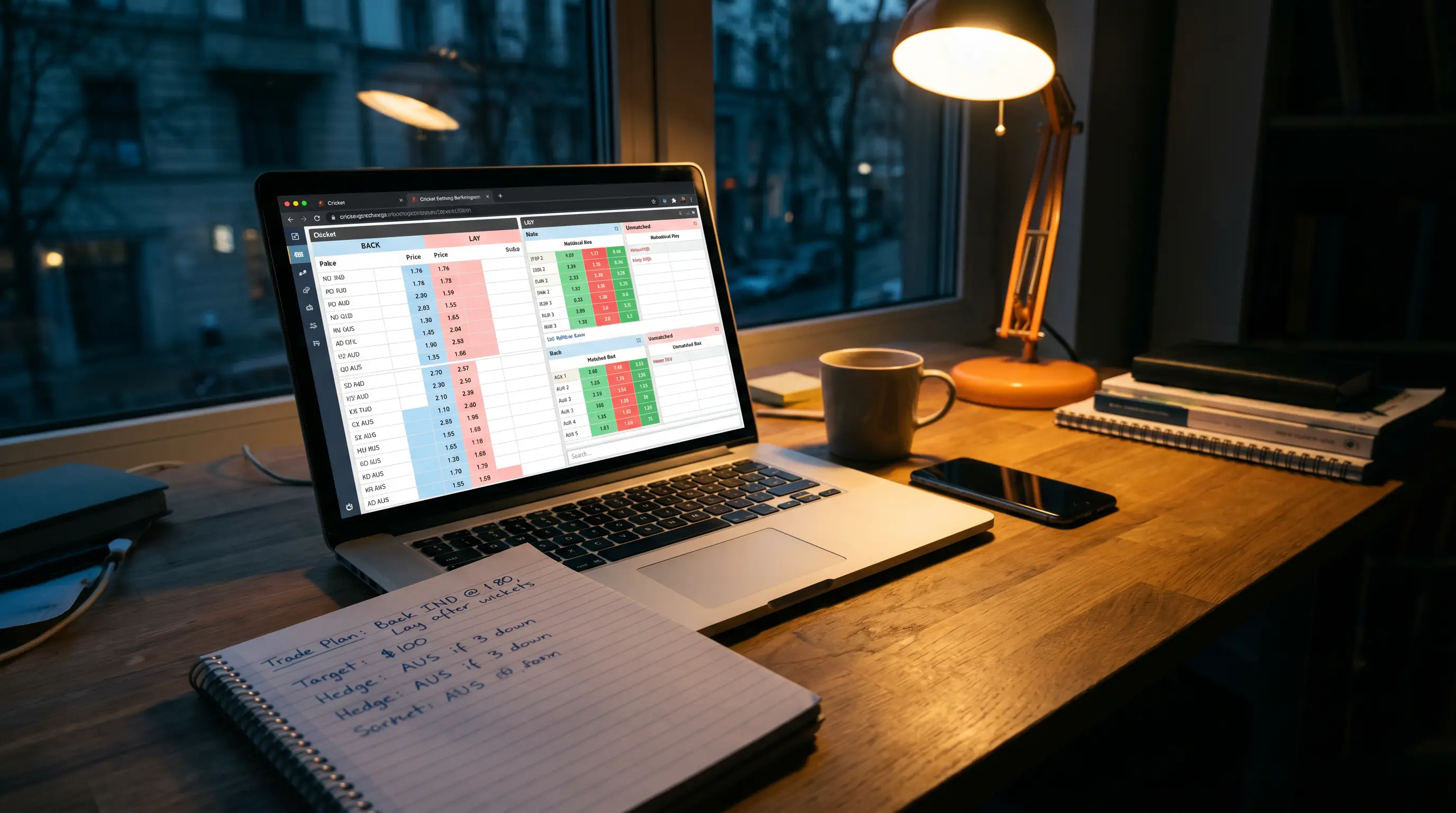 Laptop showing a cricket betting exchange with back and lay columns and matched amounts