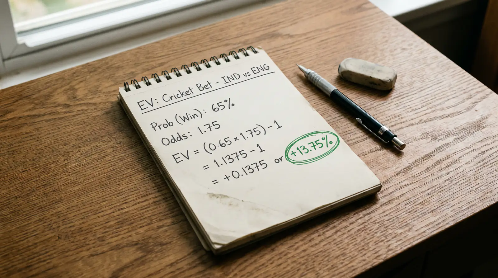 Handwritten expected value calculation for a cricket bet on a notepad