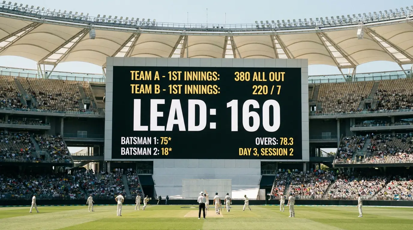 Test match scoreboard showing a commanding first-innings lead for the batting side