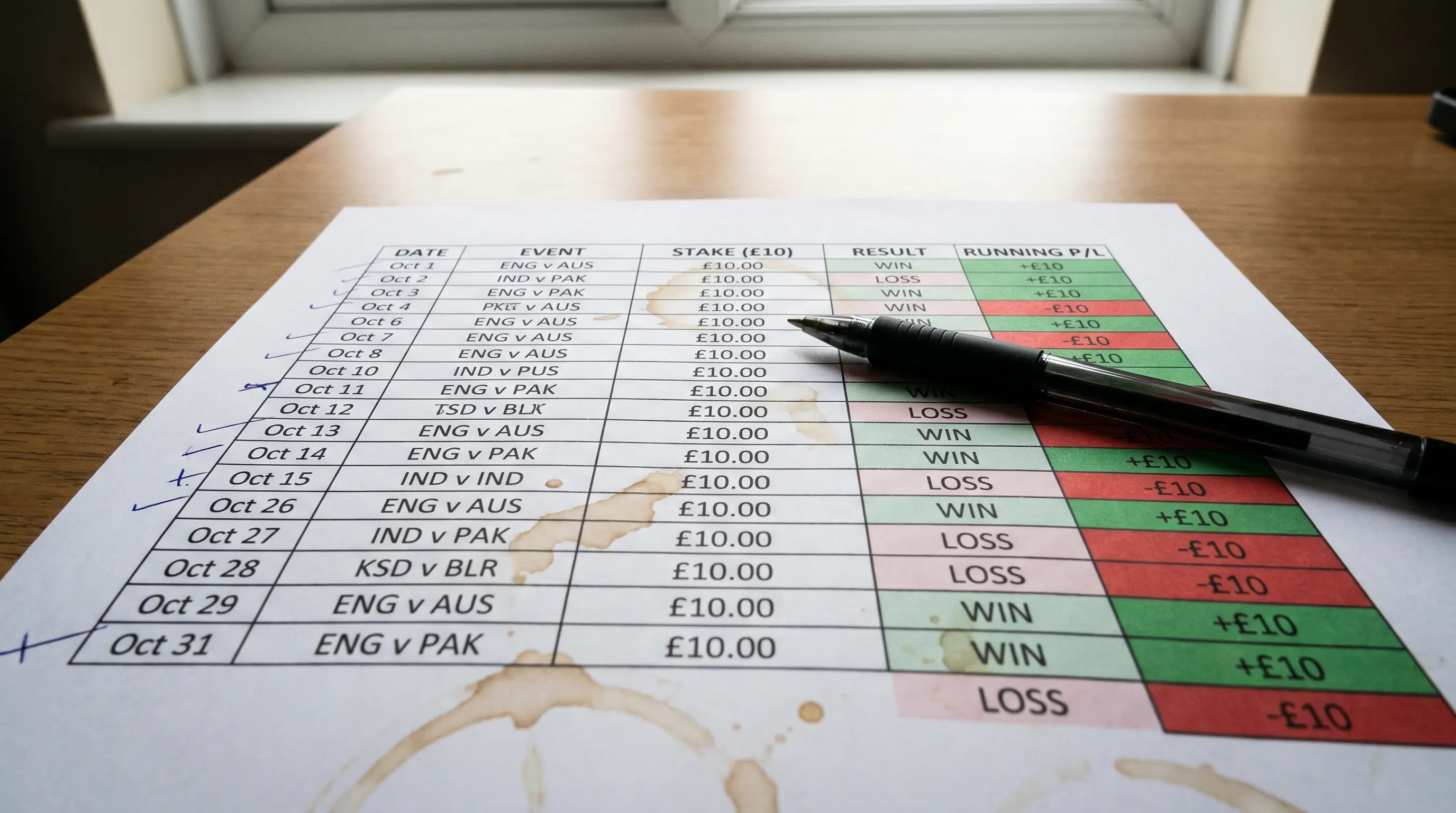 Spreadsheet tracking flat-stake cricket bets with consistent unit sizes recorded across a full month