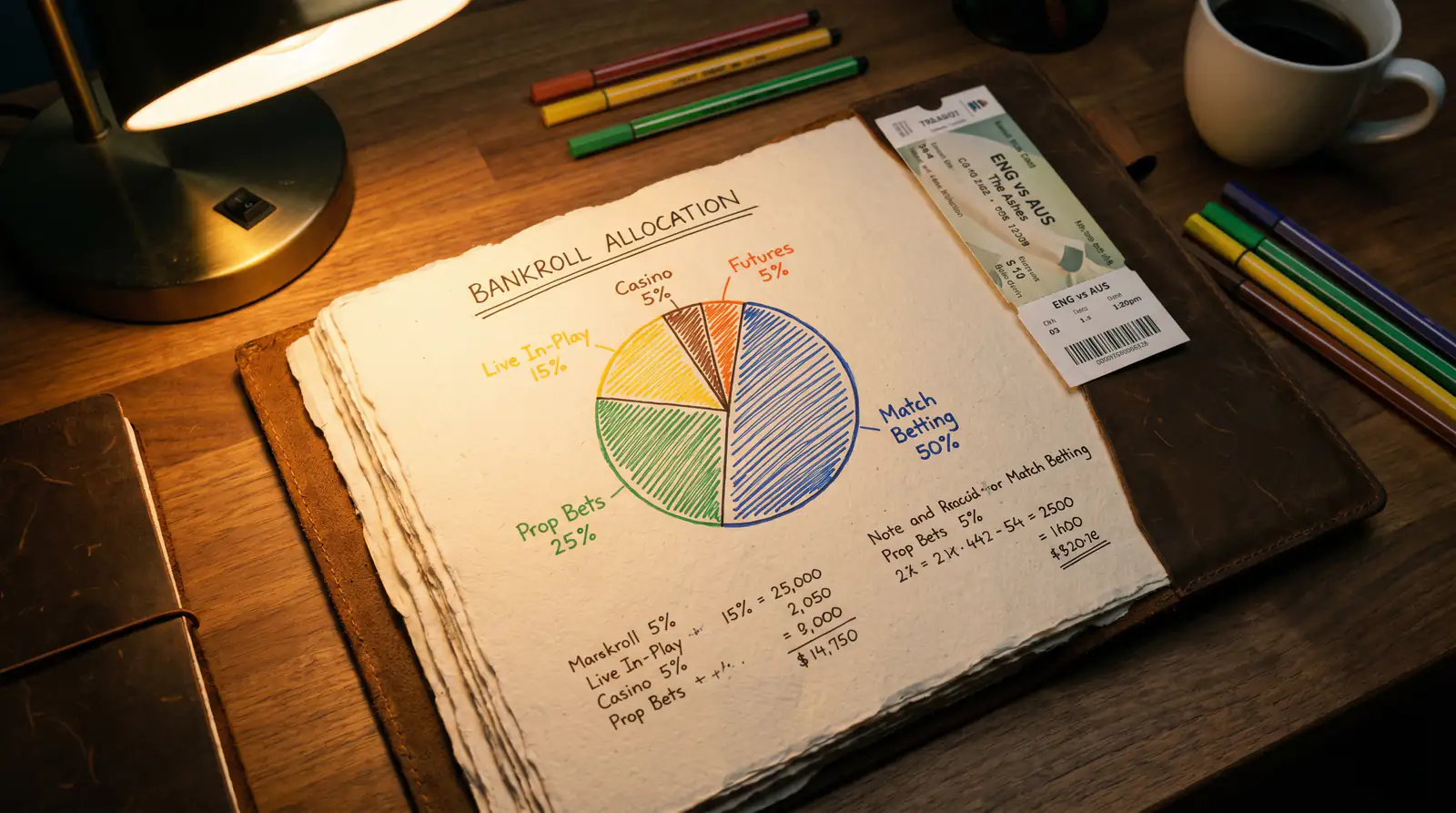 Betting bankroll allocation plan showing a 5 percent futures segment across multiple tournament selections