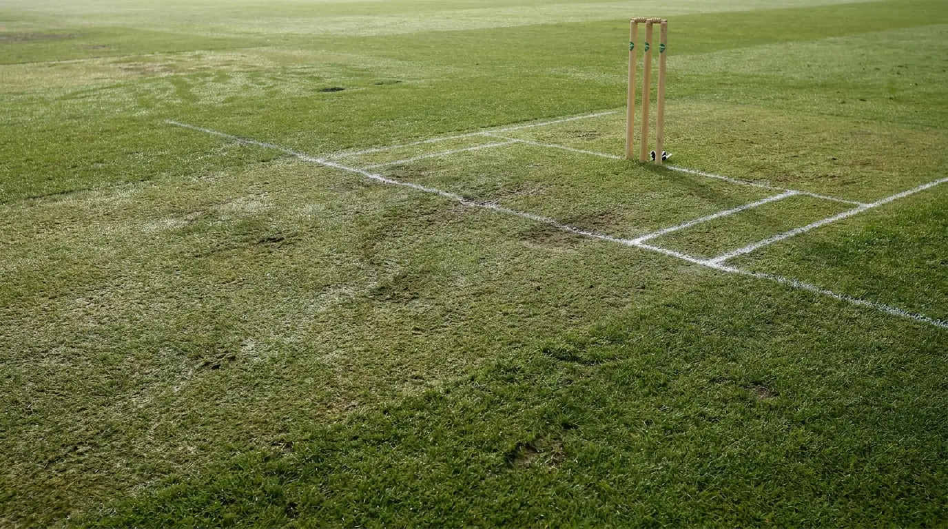 Green cricket pitch with visible grass and moisture favouring seam bowling in the powerplay