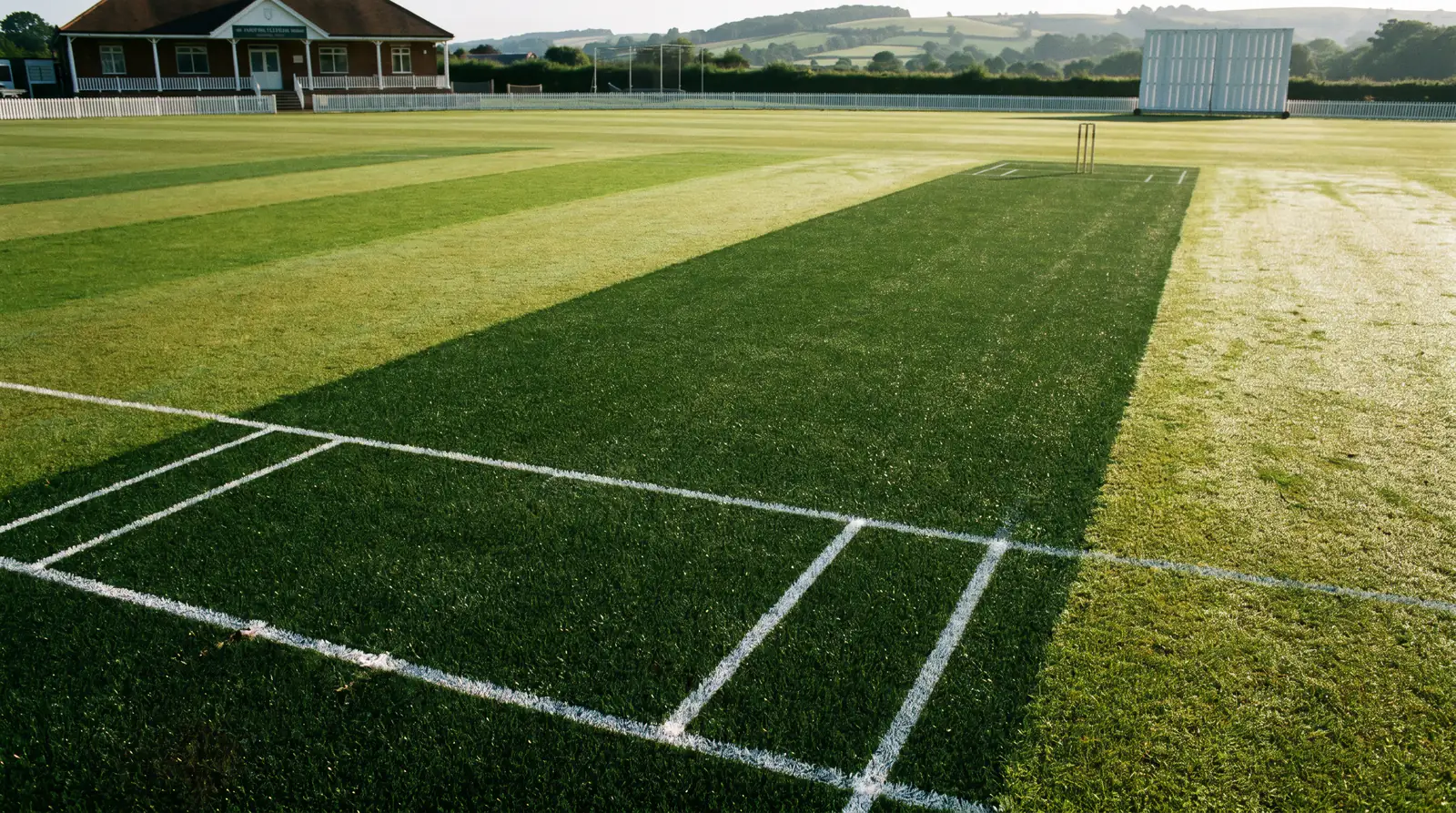 Green-tinged cricket pitch with thick grass coverage at an English ground favouring seam bowlers