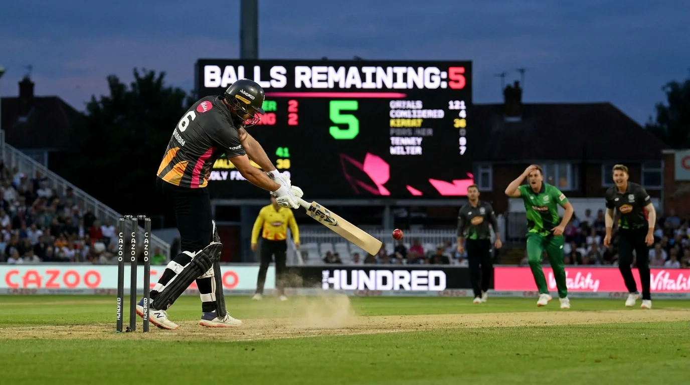 The Hundred batsman hitting a boundary with the electronic scoreboard showing balls remaining