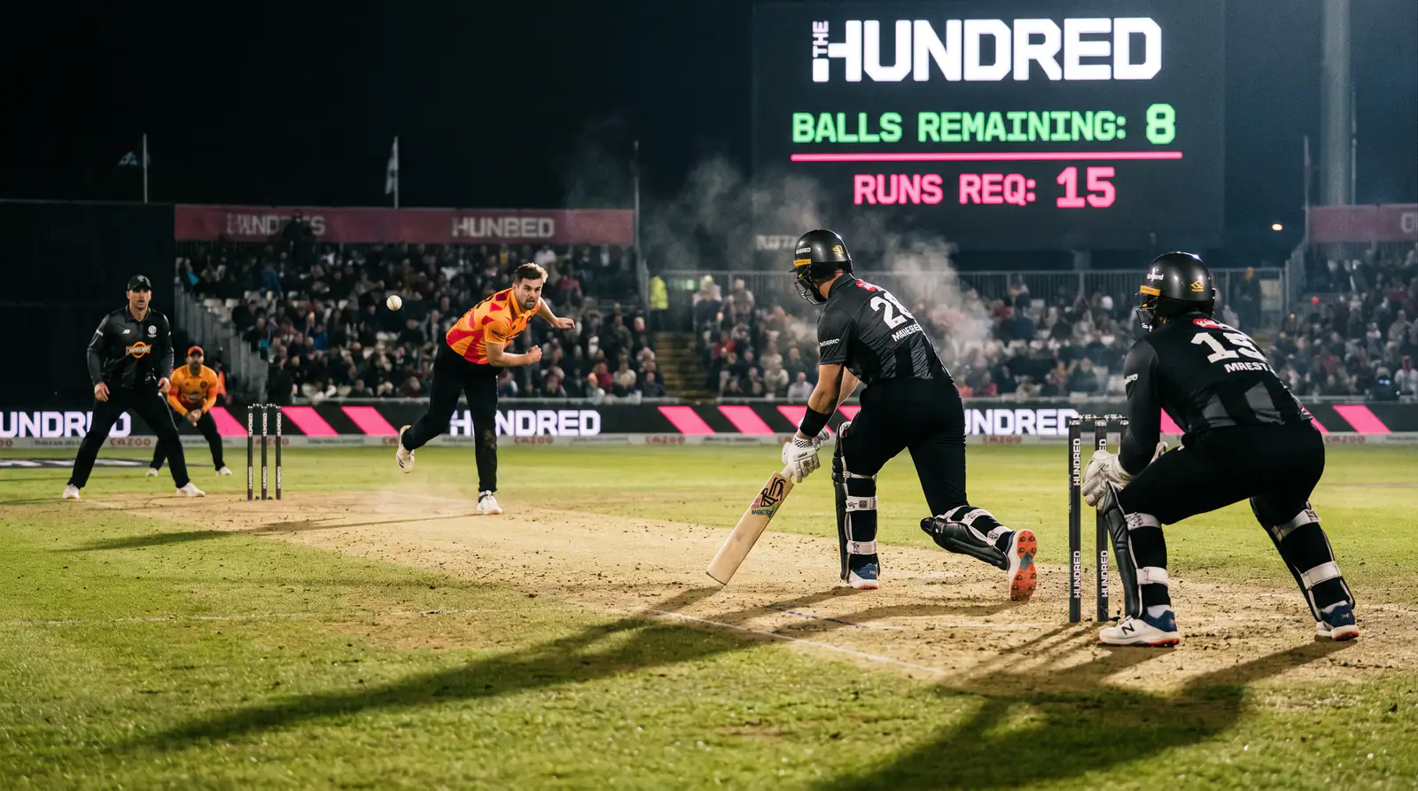 Fast bowler delivering a yorker in the death phase of a Hundred innings under floodlights