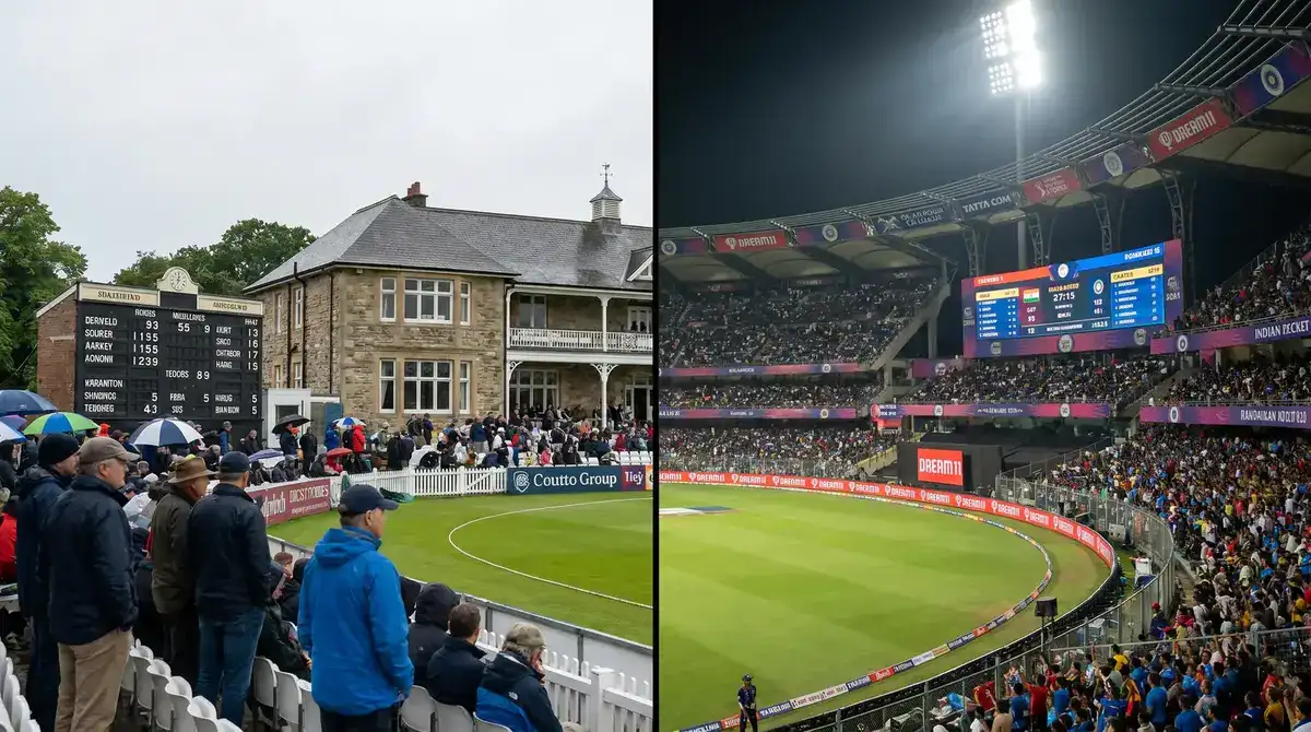 Side-by-side comparison of an English cricket ground and an Indian IPL venue highlighting different playing conditions