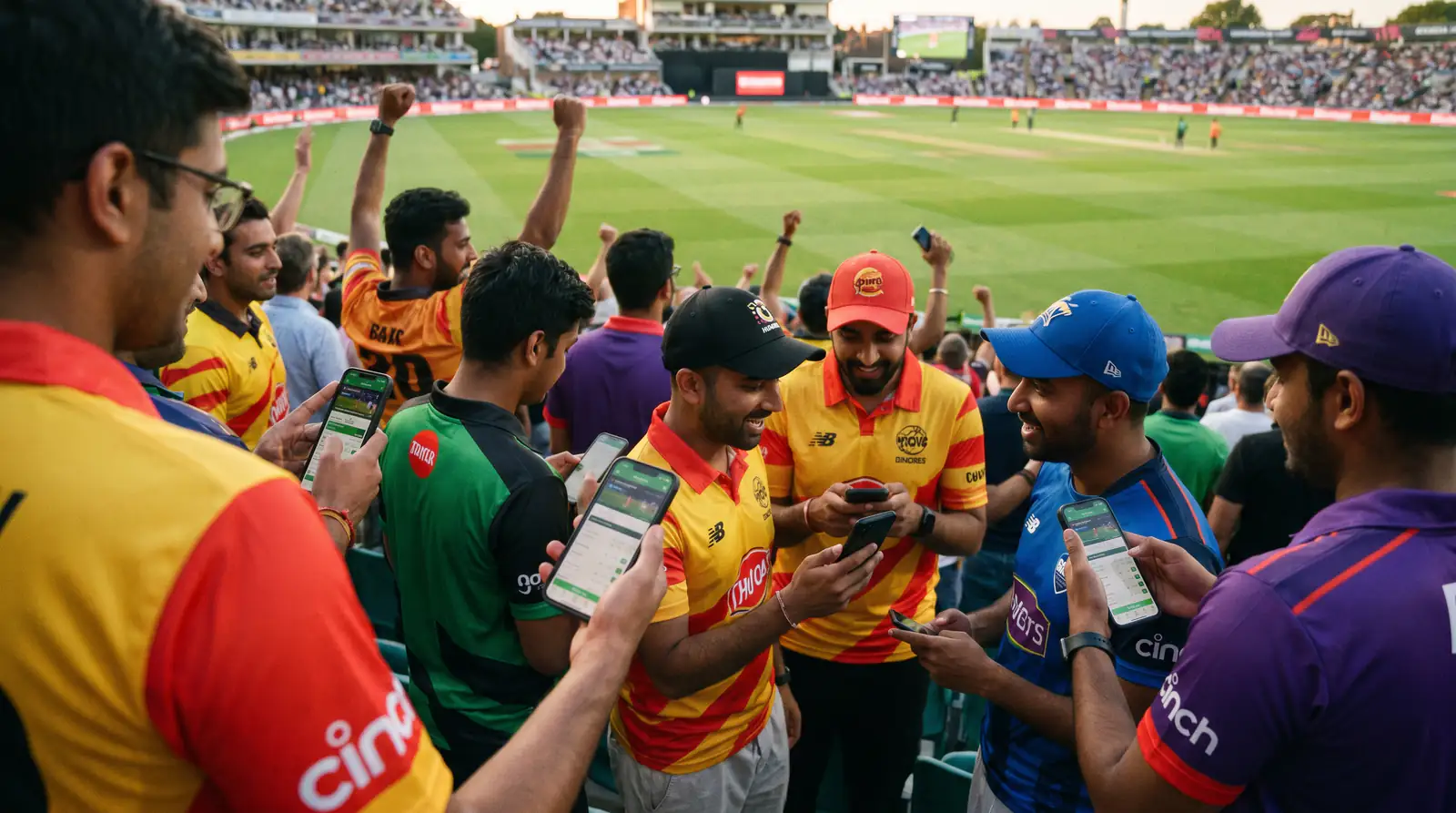 Young cricket fans at a Hundred match checking betting odds on mobile phones in the stands