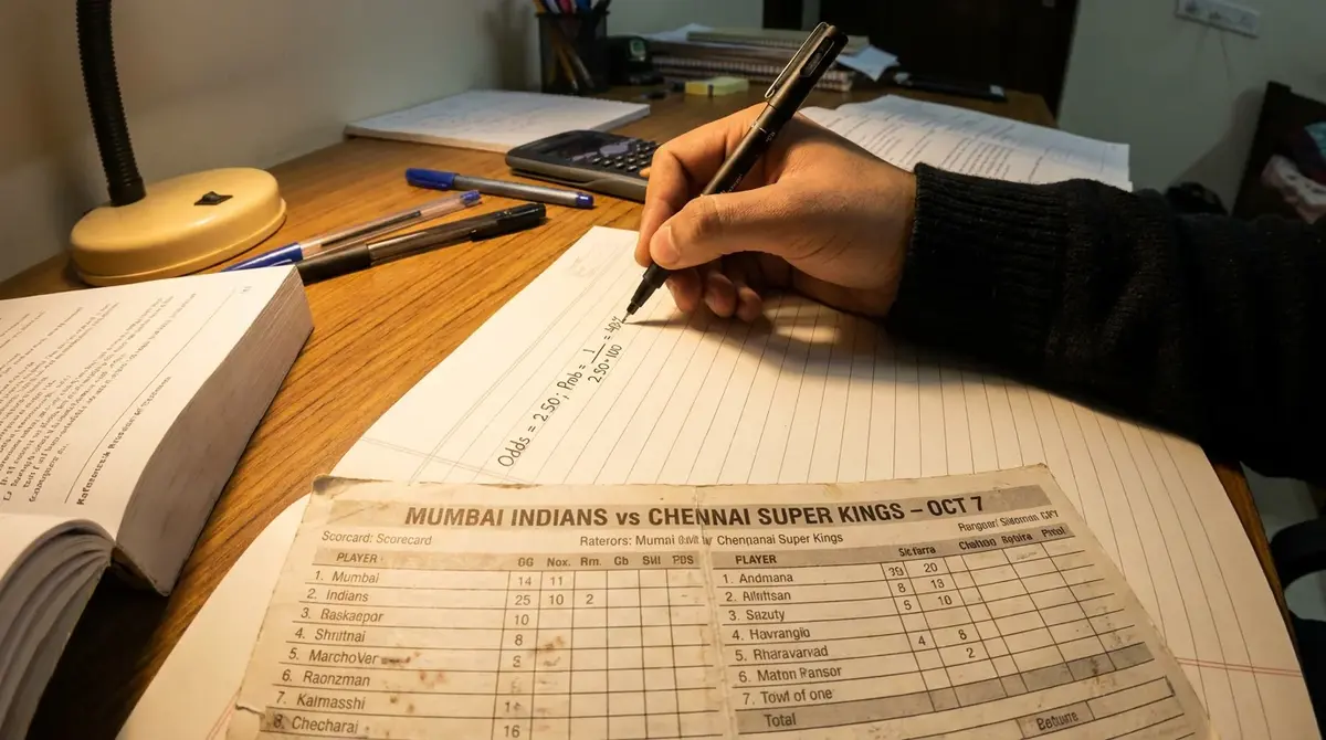 Person working through implied probability calculations with a notepad and cricket odds on screen