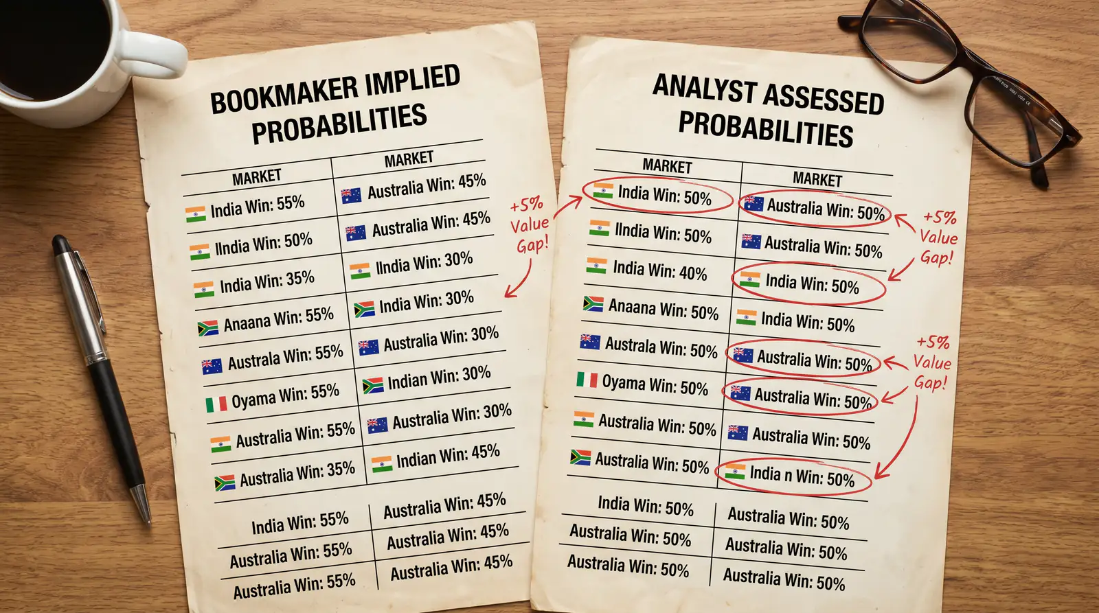 Side-by-side comparison of implied probability versus assessed probability for a cricket match