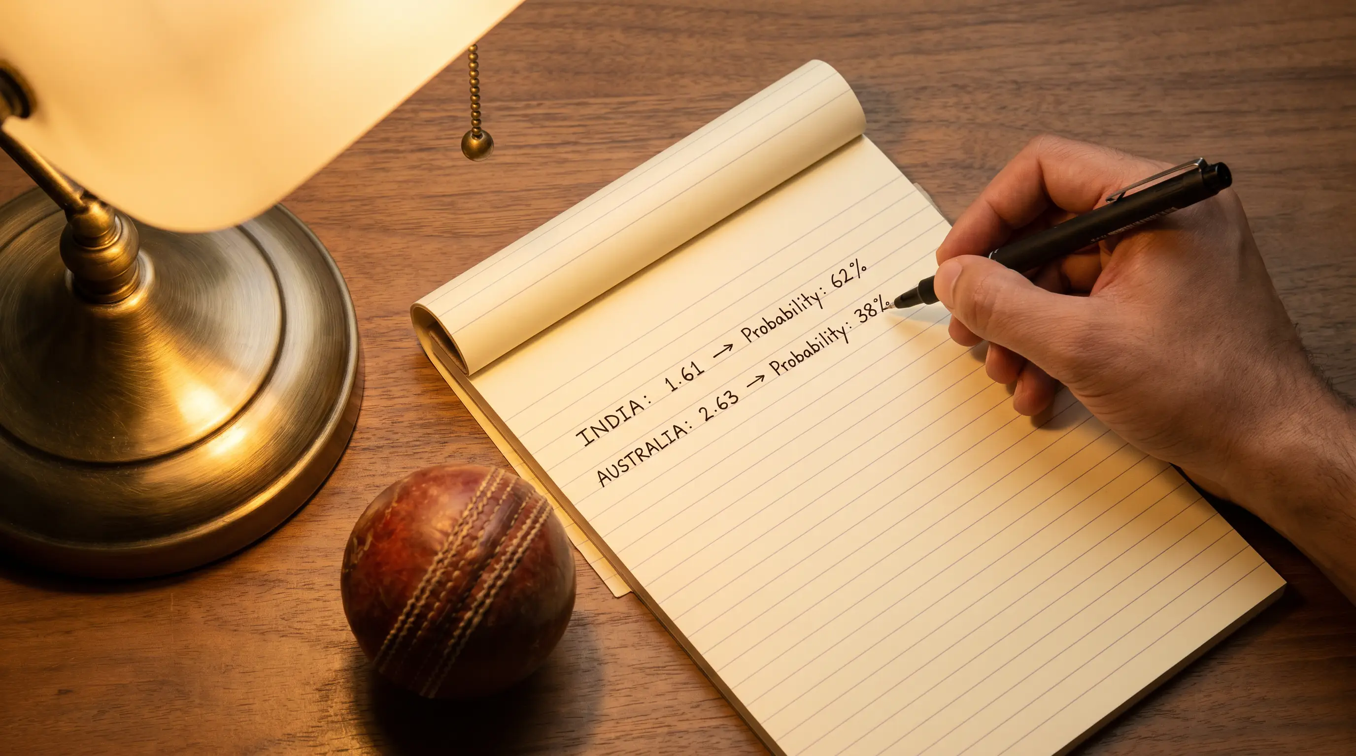 Implied probability percentages converted from cricket betting odds on a notepad