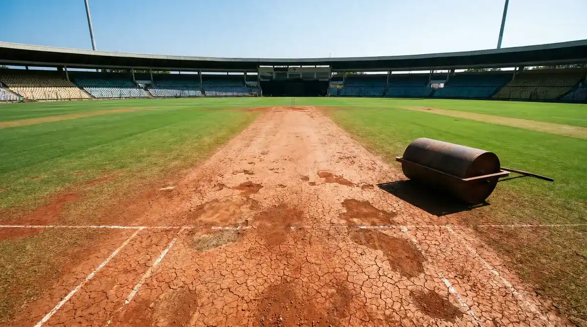 Indian cricket ground showing distinct red soil pitch conditions with visible cracks and dry patches