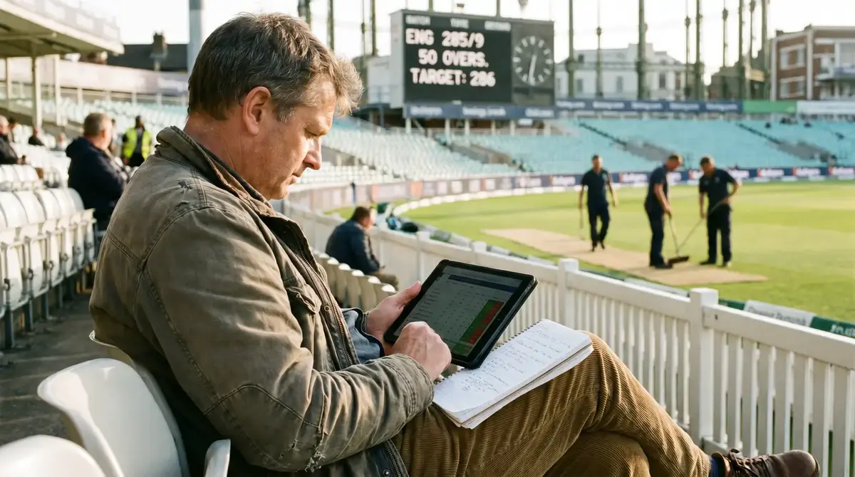 Person reviewing cricket match data on a tablet during the innings break at a ground