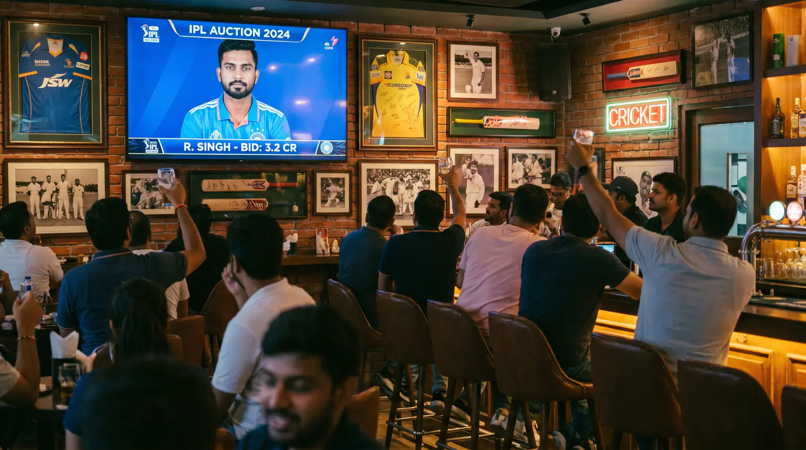 IPL franchise auction paddle raised during squad building with player profiles displayed on screen