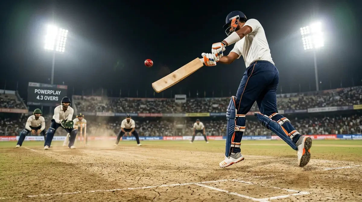 IPL batsman playing an aggressive lofted drive during the powerplay phase under stadium lights