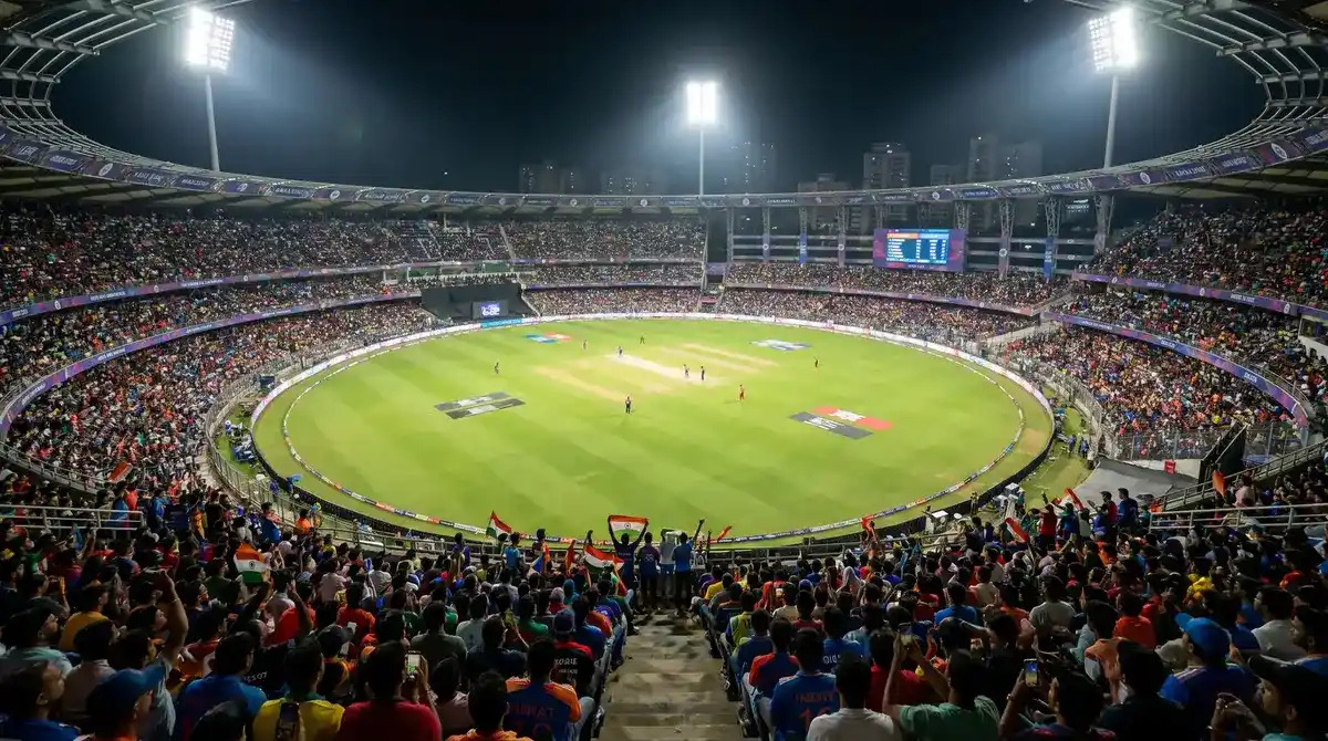 IPL cricket stadium at night with floodlights illuminating the pitch during a packed T20 match