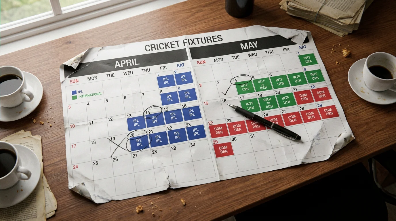 Packed cricket calendar showing overlapping IPL and international fixtures across several weeks