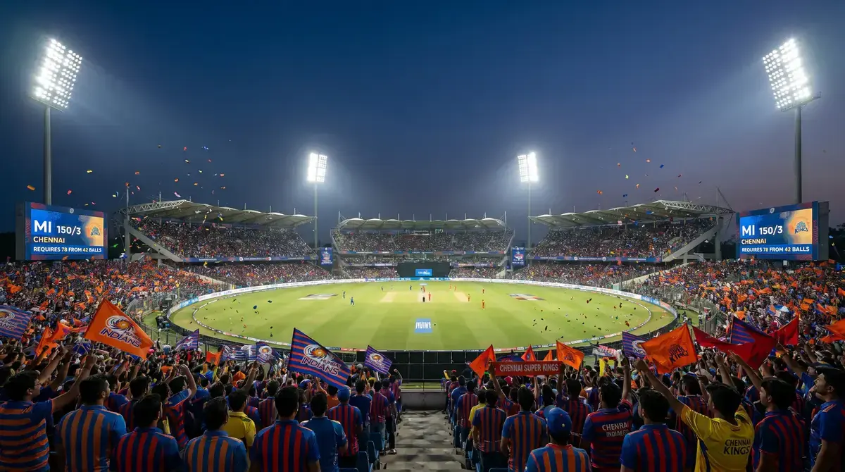 Packed IPL cricket stadium illuminated by floodlights during an evening T20 match