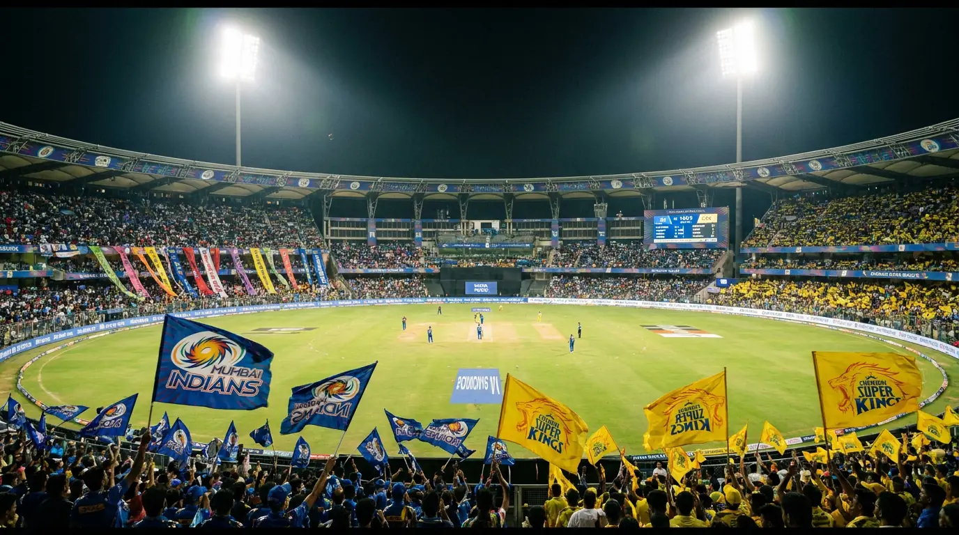 IPL franchise cricket match in a packed stadium with batsmen and bowlers competing under lights