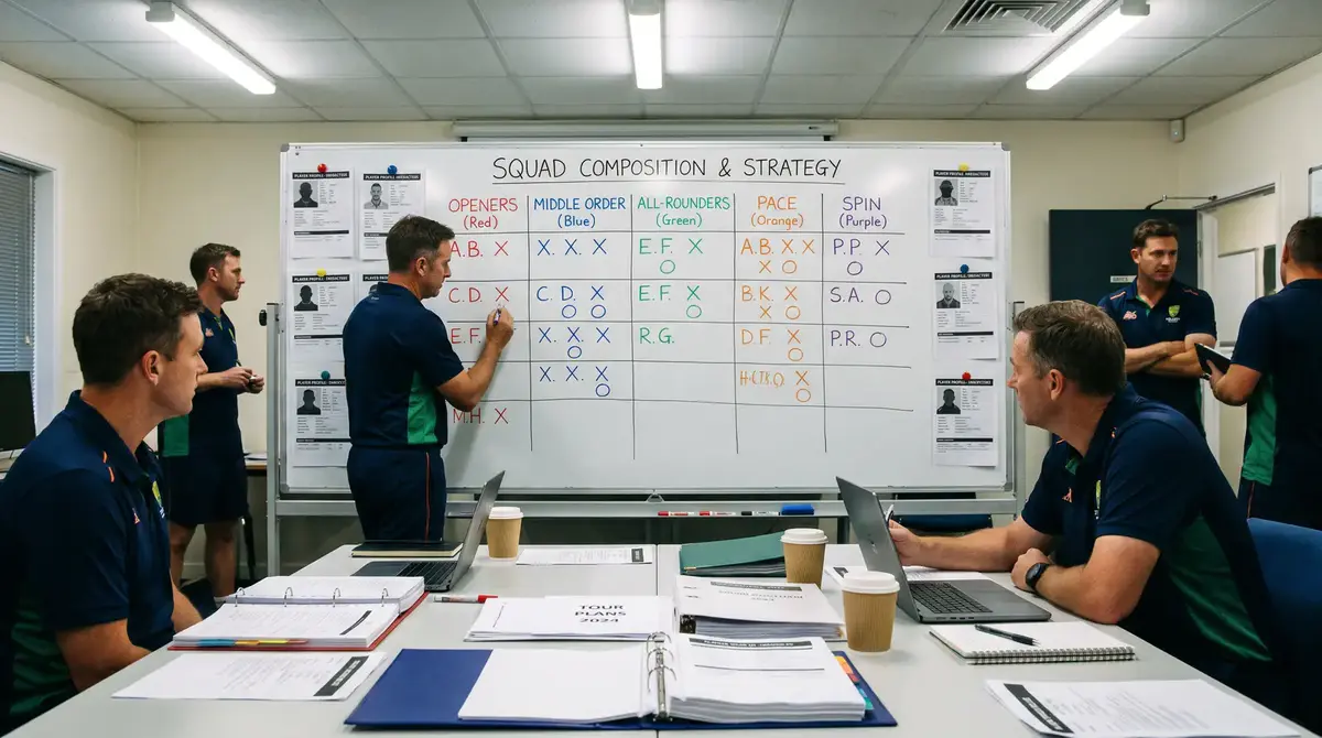 Cricket team management reviewing player profiles and squad composition on a tactics board
