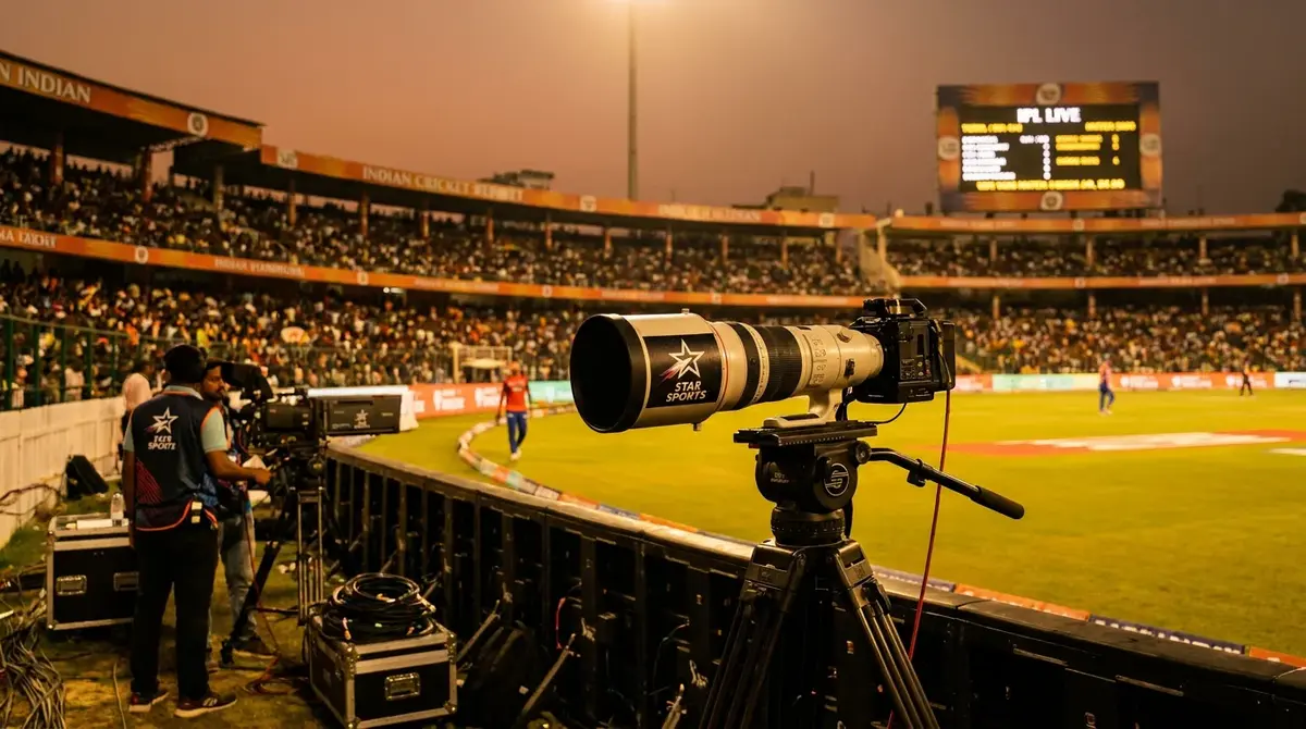 IPL cricket broadcast setup with cameras and production equipment at a packed Indian stadium