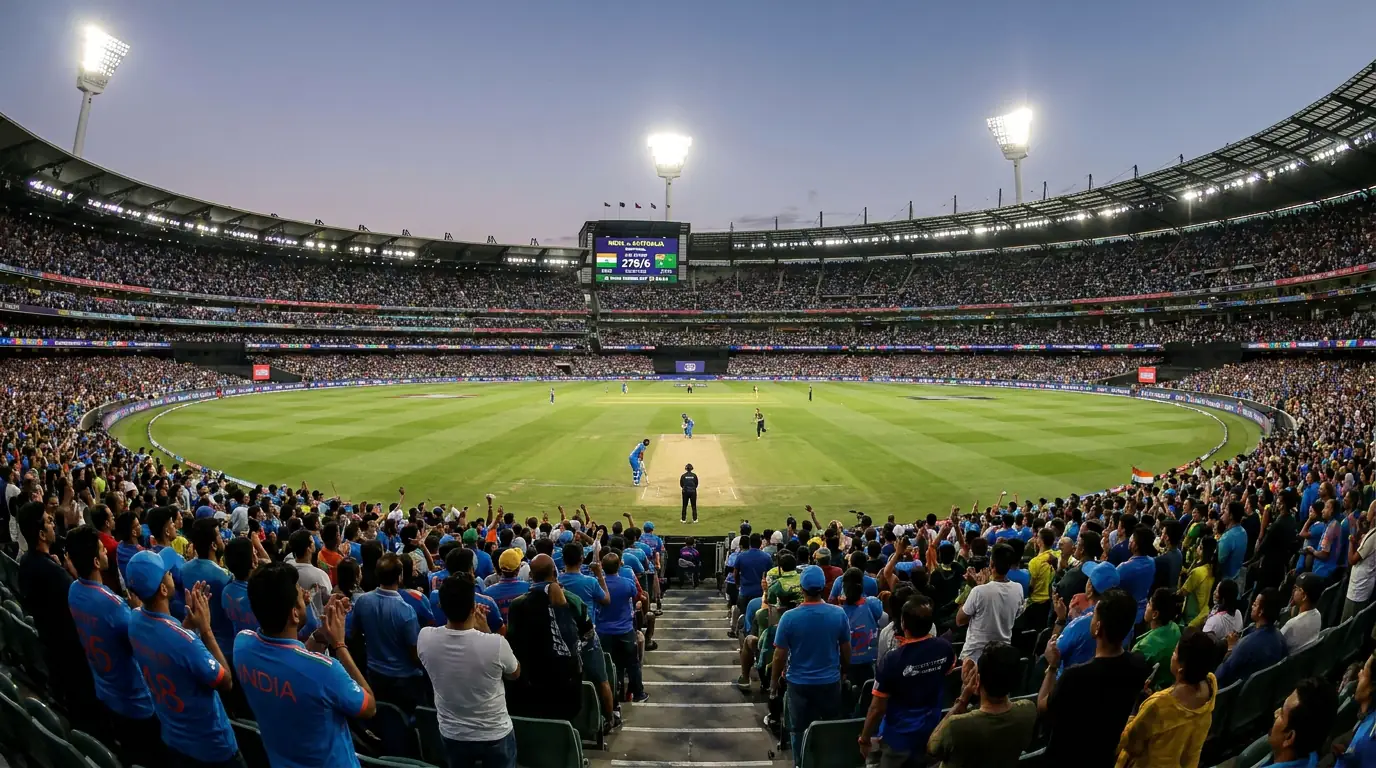 Packed cricket stadium during a tense World Cup semi-final with fans on the edge of their seats
