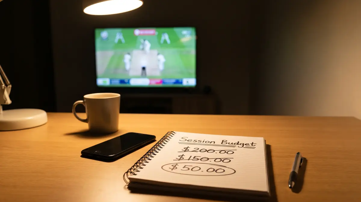 Notepad with session betting budget written alongside a cricket match playing on a screen