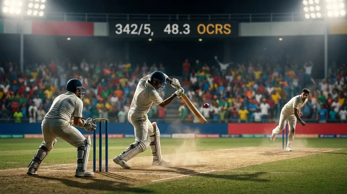 Live cricket match in progress with batsman facing a delivery under floodlights