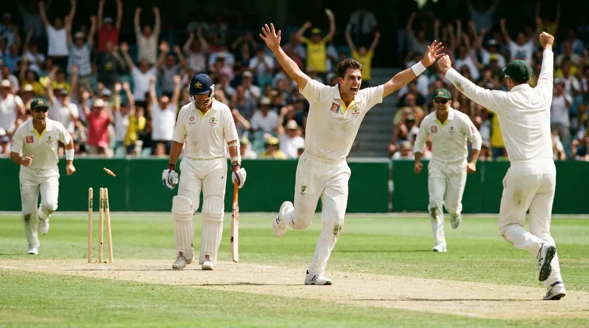 Bowler celebrating a wicket during a professional cricket match with stumps scattered