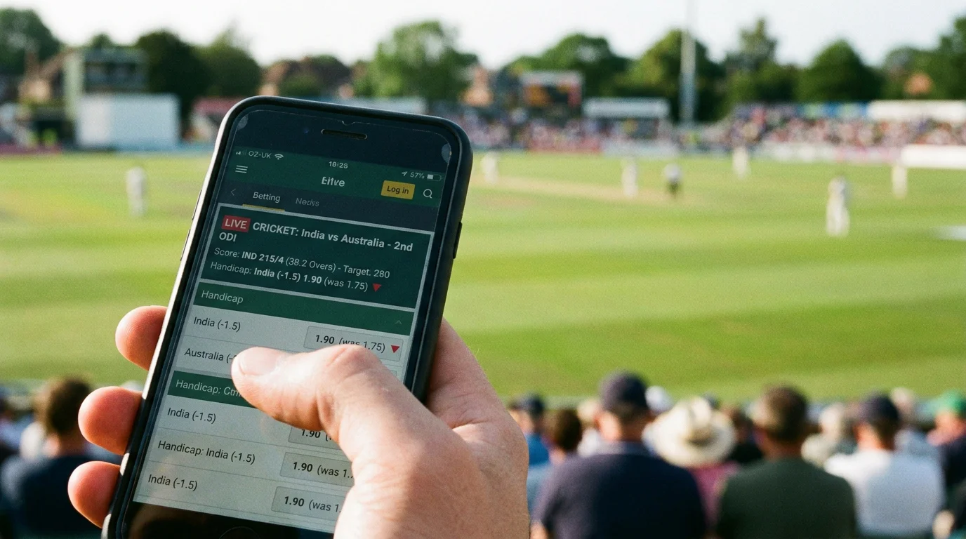 Live cricket betting screen showing handicap odds adjusting in real time after early wickets fall