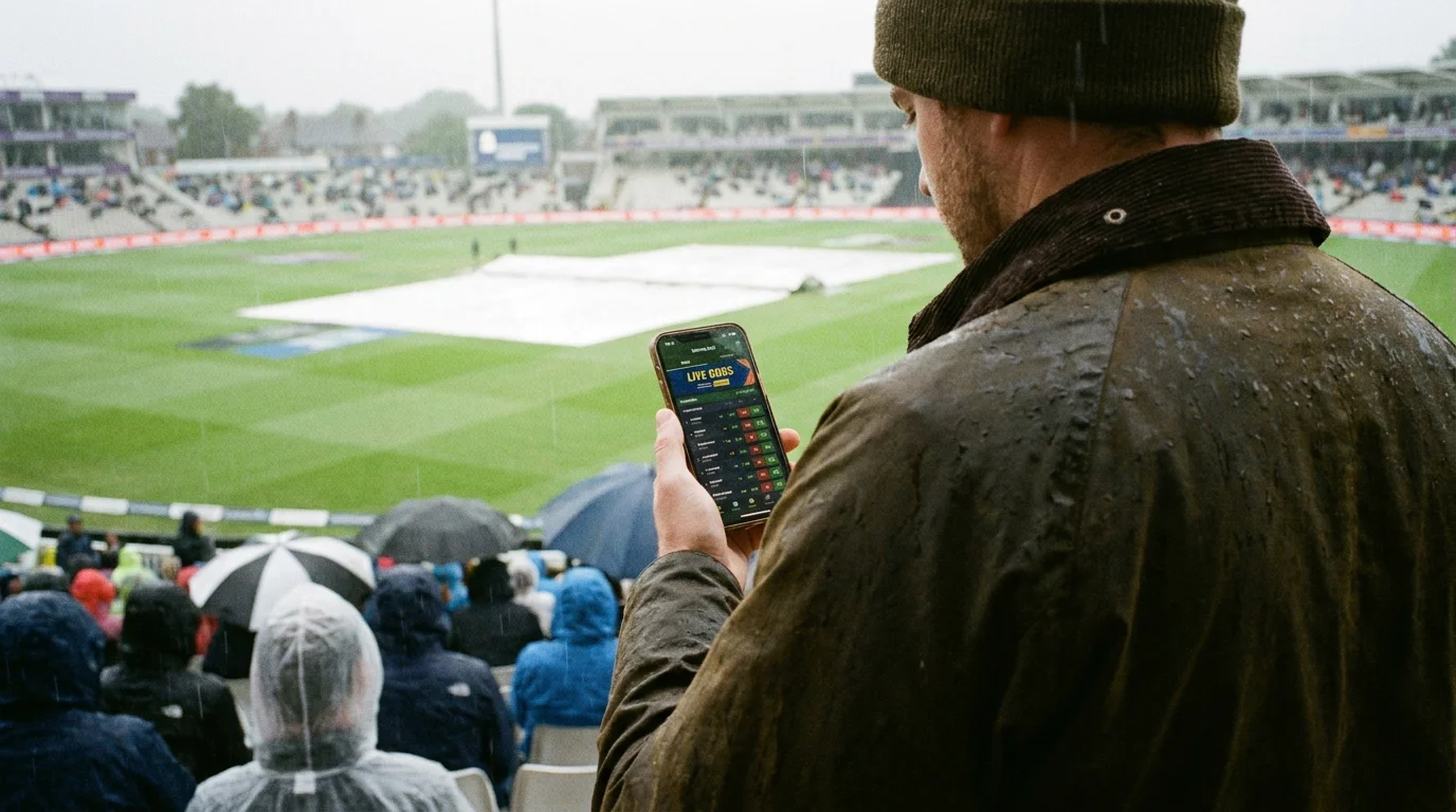 Live cricket betting odds shifting on a mobile screen during a rain-affected ODI