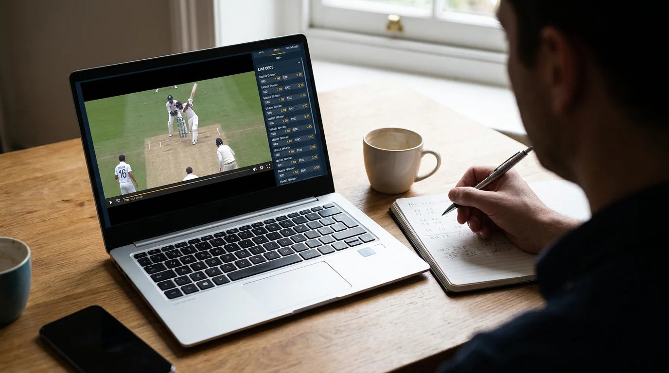 Live cricket match streaming on a betting platform with odds displayed alongside the video feed