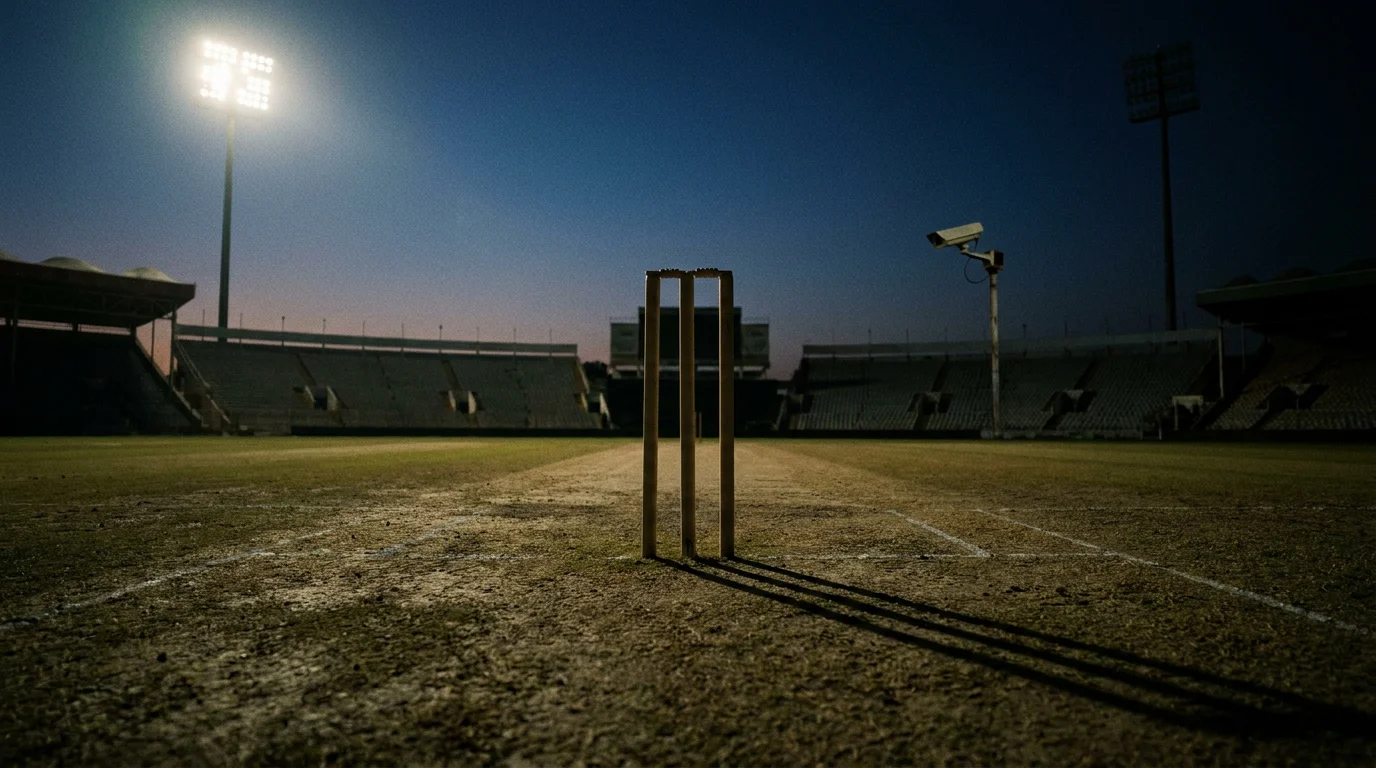 Cricket stumps and bails on a floodlit pitch with integrity monitoring cameras visible above
