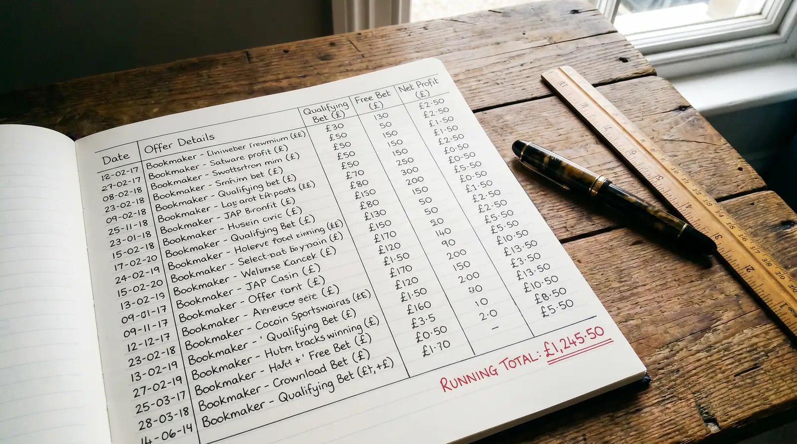 Neatly organised ledger showing matched betting returns from cricket promotional offers