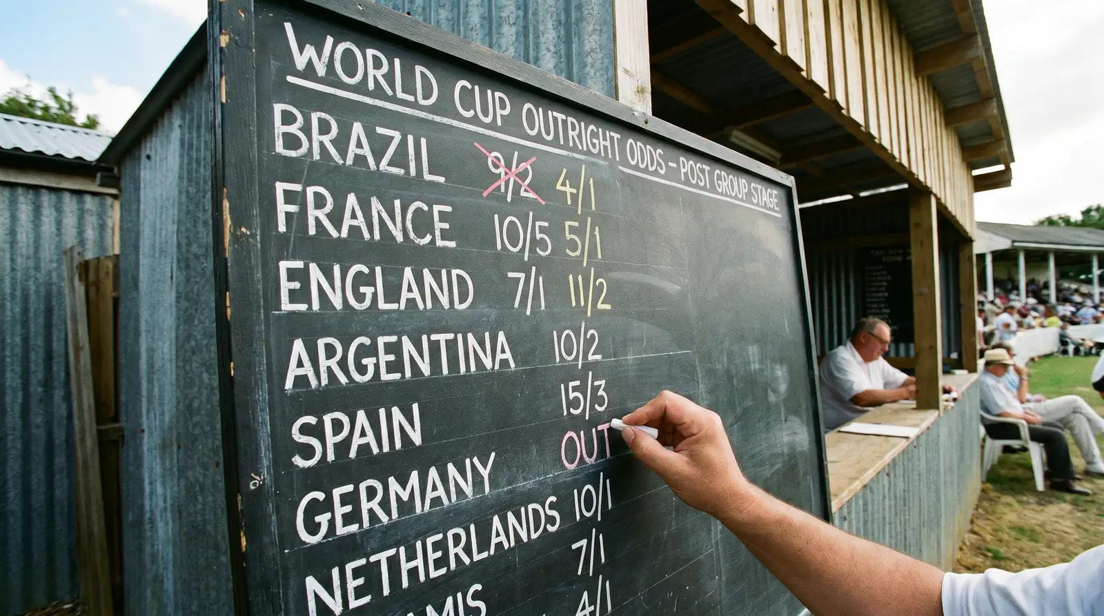 Bookmaker recalculating World Cup outright odds on a board after the group stage concludes